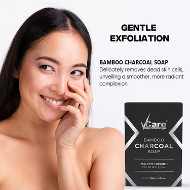 VCare Bamboo Charcoal Soap for Men and Women|76% TFM Grade 1 Skin Protection, Deep Cleansing and Detoxifies Bathing Soap Bar - 100gm Buy 3 Get 1 Free